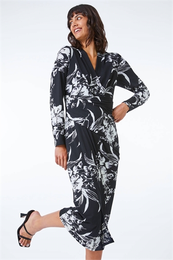 Black Fitted Floral Jersey Ruched Wrap Dress