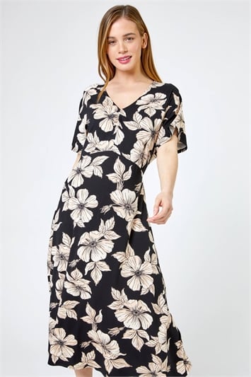 Black Petite Floral Print Ruched Midi Dress