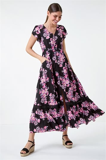 Pink Floral Print Shirred Waist Maxi Dress