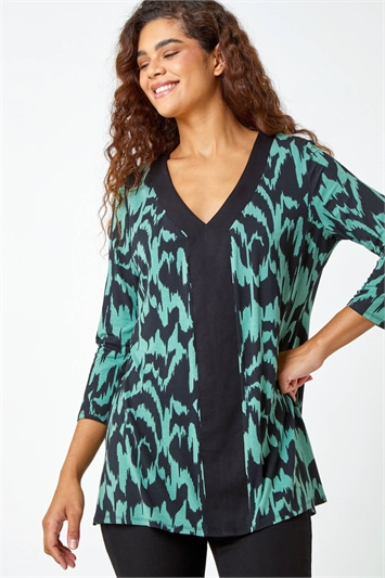 Green Abstract Print V-Neck Stretch Top