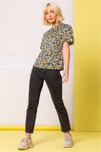 Yellow Daisy Floral Print Jersey Top, Image 3 of 4