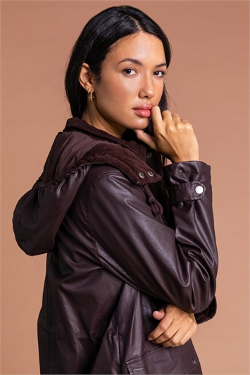 Chocolate Waxed Longline Hooded Coat , Image 2 of 4