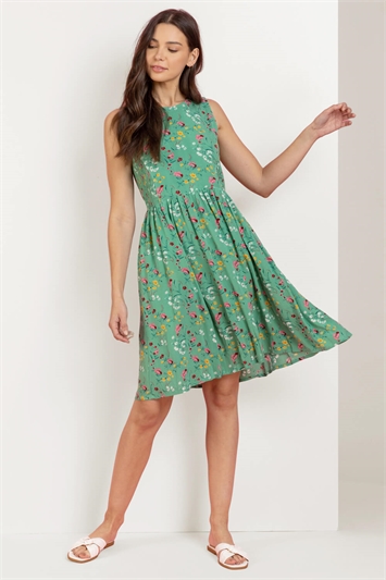 Green Floral Print Fit & Flare Tea Dress