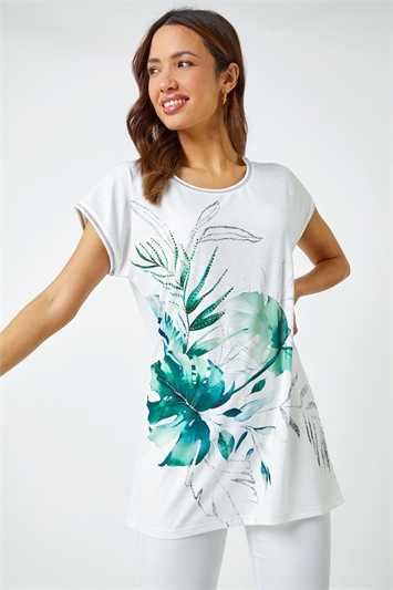 Green Palm Print Embellished Tunic Top