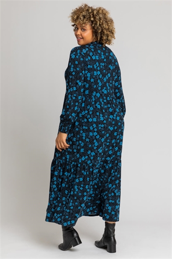 Royal Blue Curve Linear Floral Shirt Dress, Image 2 of 4
