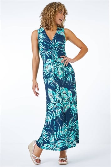 Blue Petite Palm Print Twist Front Maxi Dress, Image 2 of 5