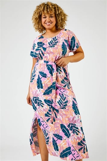 Pink Curve Tropical Leaf Print Maxi Dress, Image 1 of 5
