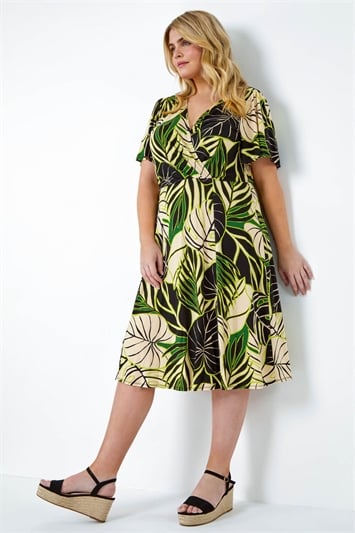 Green Curve Tropical Leaf Stretch Wrap Dress
