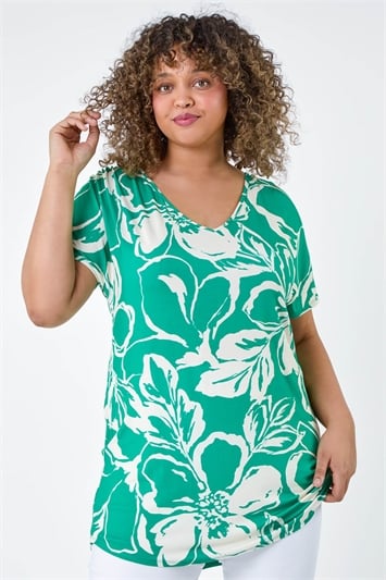 Green Curve Floral Tie Back Stretch Top
