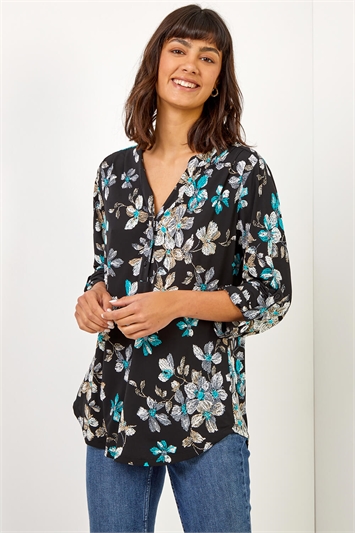 Teal Floral Print Notch Neck Stretch Shirt, Image 4 of 5