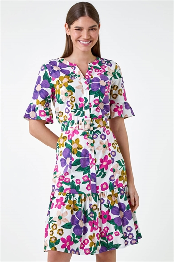 Multi Floral Frill Cotton Shirt Dress