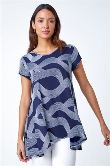 Blue Abstract Swirl Print Stretch Tunic Top
