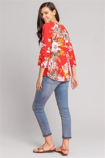 Red Bold Floral Print Button Top, Image 2 of 4