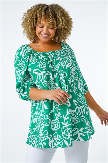 Green Curve Square Neck Floral Top, Image 2 of 5