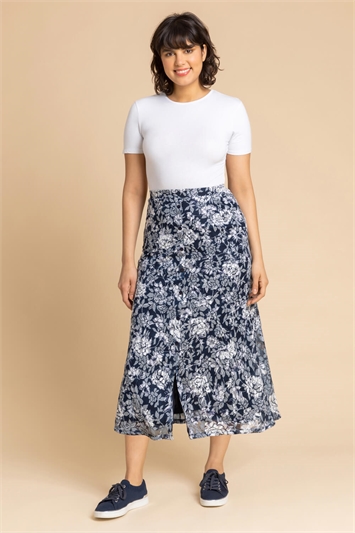 Navy Floral Burnout Buttoned Midi Skirt