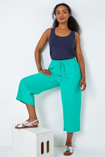 Green Petite Linen Mix Wide Cropped Trousers