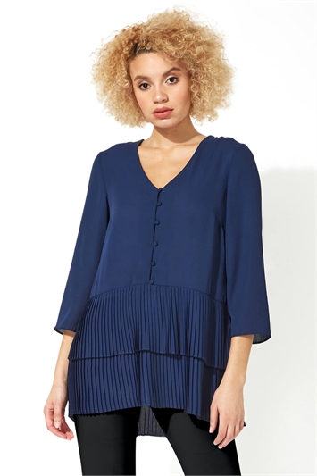 Navy 3/4 Sleeve Pleated Button Front Top
