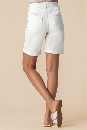 White Turned Hem Denim Stretch Shorts , Image 2 of 3