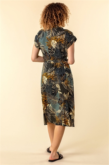 Green Tropical Leaf Print Shirt Dress, Image 2 of 4
