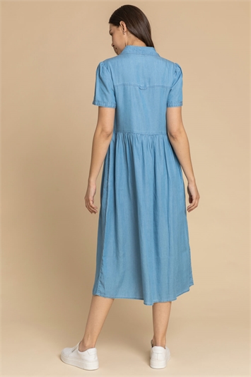 Light Blue Denim Buttoned Midi Shirt Dress, Image 2 of 5