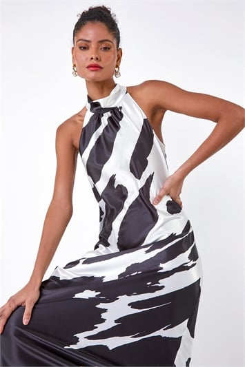 Black Satin Abstract Print Halterneck Dress