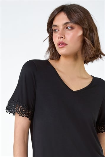 Black Lace Trim Stretch Jersey T-Shirt