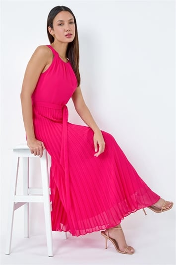 Pink Pleated Halter Neck Maxi Dress