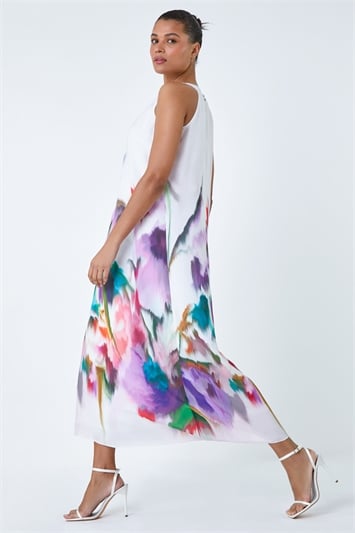 White Abstract Floral Pleat Detail Trapeze Dress
