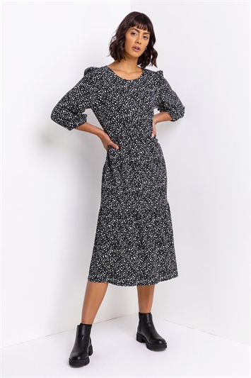 Black Tiered Spot Print Midi Dress