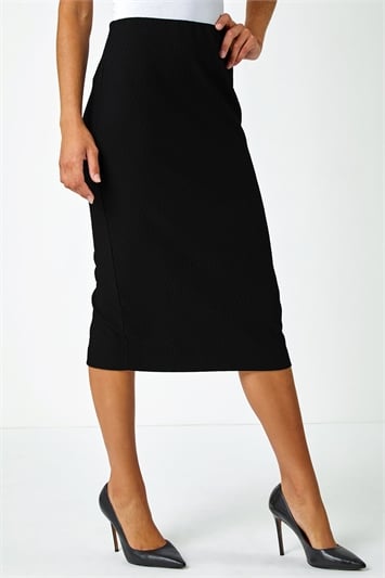 Black Jersey Textured Elastic Waist Pencil Skirt