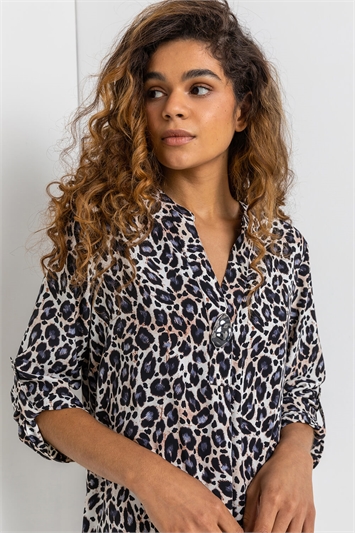 Blue Longline Button Detail Animal Print Top, Image 5 of 5