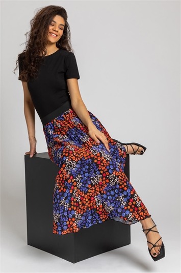 Orange Floral Spot Print Pleated Maxi Skirt