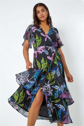 Black Tropical Print Tiered Midi Wrap Dress