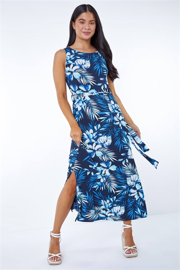 Blue Petite Tropical Print Stretch Jersey Column Dress, Image 1 of 5