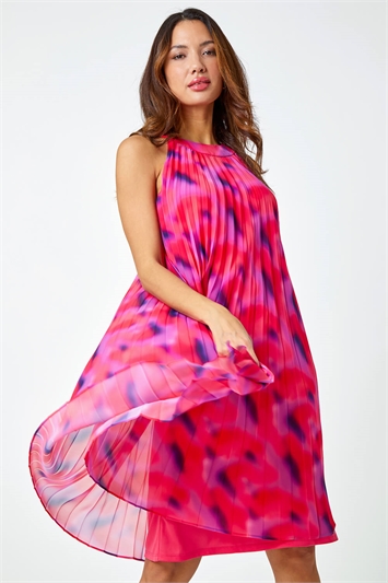 Pink High Neck Abstract Pleated Swing Dress