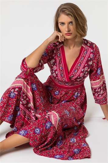 Red Floral Border Print Maxi Dress, Image 5 of 5