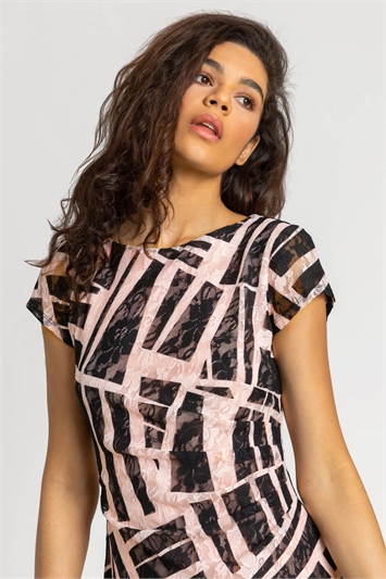 Pink Contrast Print Stretch Lace Dress, Image 4 of 5