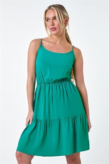 Green Petite Sleeveless Frill Hem Dress
