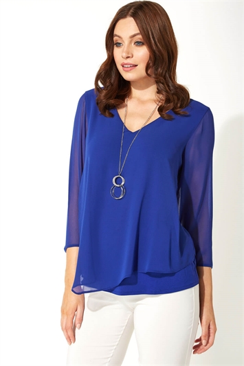 Royal Blue Necklace Trim Stretch Jersey Top, Image 4 of 5