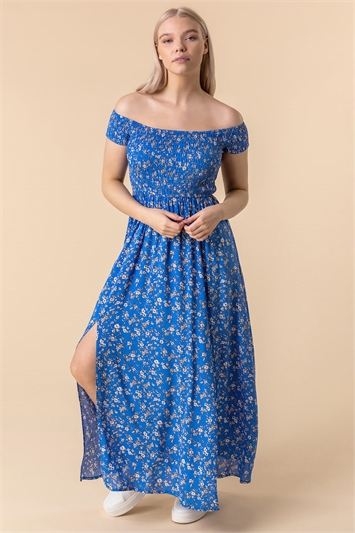Blue Shirred Ditsy Floral Print Bardot Dress, Image 4 of 5