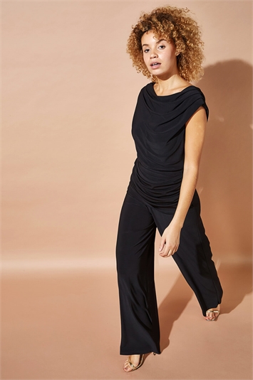 Black Cowl Neck Ruched Stretch Jumpsuit, Image 4 of 6