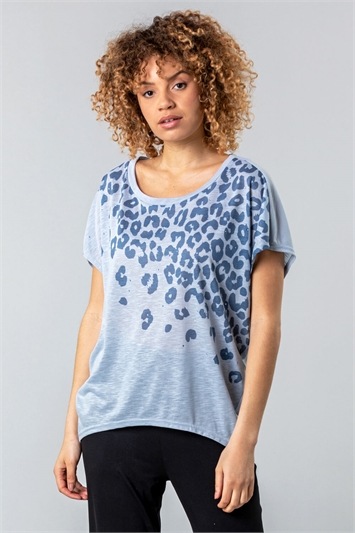 Blue Animal Print Diamante Embellished T-Shirt