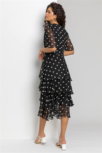 Black Spot Print Tiered Frill Midi Dress, Image 2 of 5