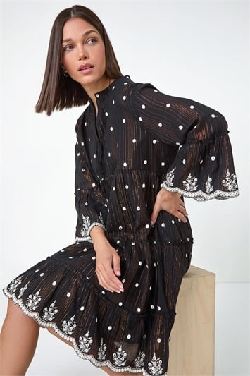 Black Mirrored Shimmer Detail Cotton Smock Dress