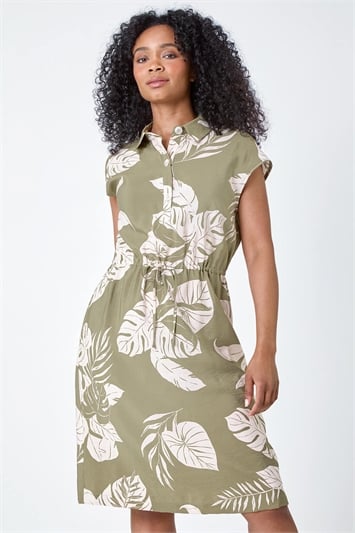 Brown Petite Tropical Print Shirt Dress