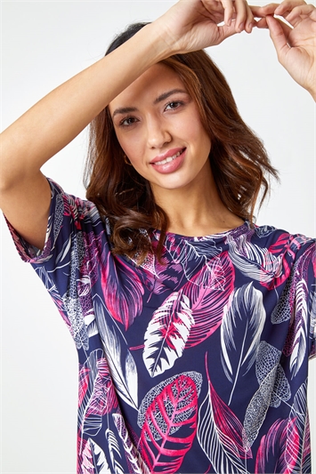 Pink Leaf Print Textured Tunic Top