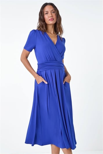 Blue Gathered Wrap Stretch Midi Dress