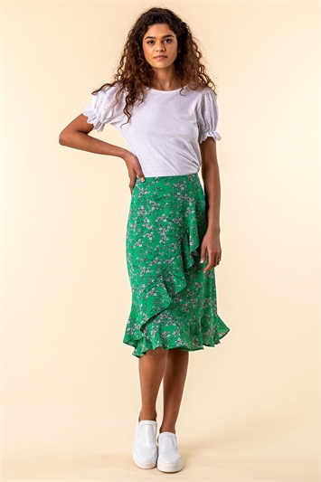 Green Ditsy Floral Ruffle Detail Skirt, Image 3 of 4