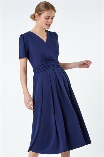 Blue Gathered Wrap Stretch Midi Dress