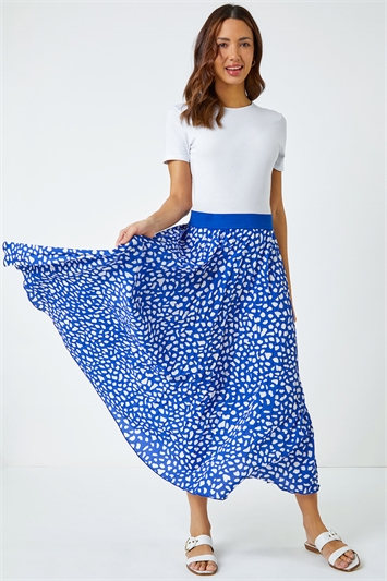 Blue Abstract Spot Pleated Midi Skirt